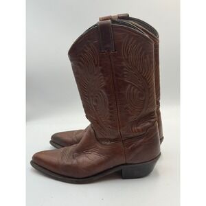 Vintage Brown Leather Western Cowboy Boots Pointed Toe Stitched USA Made